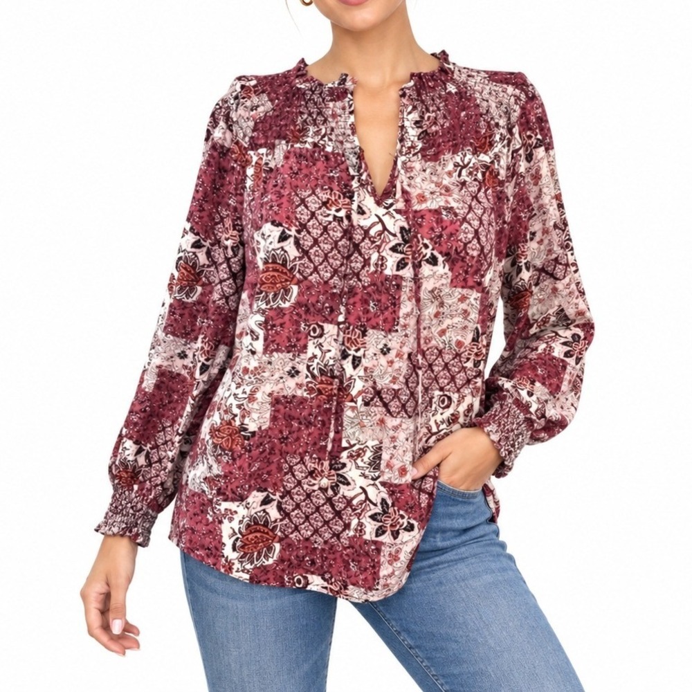 Jane and Delancey Blouse Womens Small Burgundy Boho Patchwork Floral Smocked Top